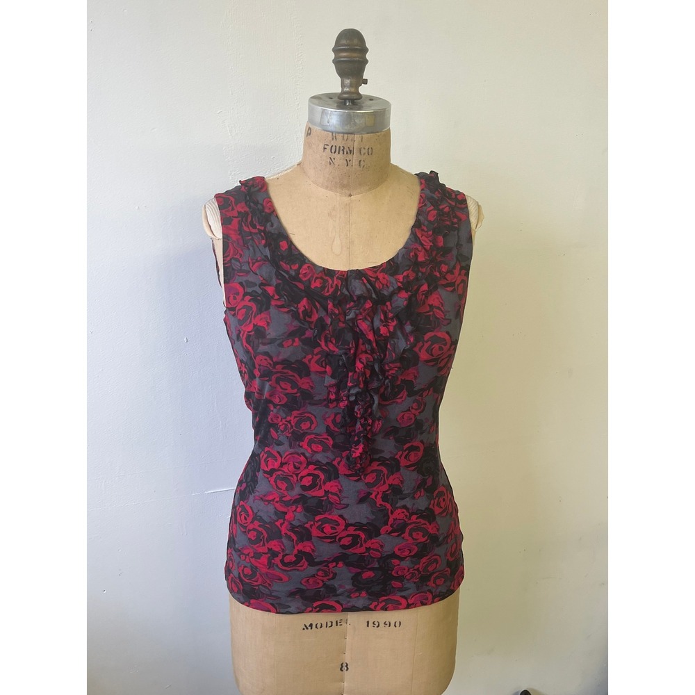 Classiques Entier Silk Blend Floral Rose Ruffle Sleeveless Top Red Grey Small